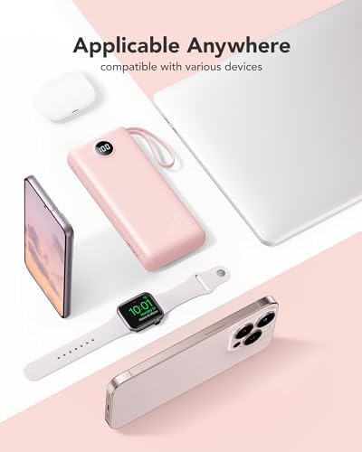 Ultimate 20000 m Ah VRURC Portable Charger with Built-in Cables – Fast Charging Power Bank for Travel, PD & QC 3.0 Compatible, 4 Output Ports & Dual Input, Ideal for i Phone, Samsung, Android Devices – Compact & Durable Battery Pack for On-the-Go Power