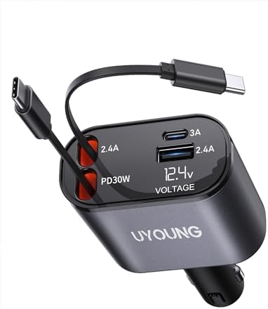 Revolutionize Your Road Trips with the UYOUNG 100 W Retractable Car Charger – 4-in-1 Fast Charging Solution with Dual 31.5-Inch Cables & Dual USB Ports for i Phone 15/14/13/12/11 Pro Max, Samsung, Pixel, and More – Ultimate Compatibility & Speed for Modern Travelers