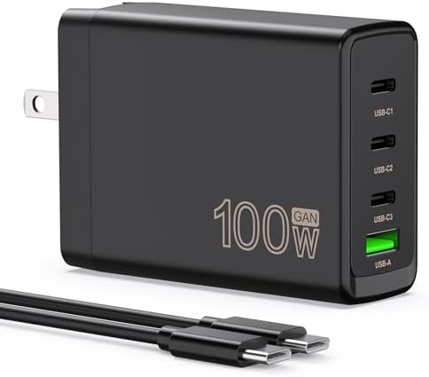 Powerful 100 W Ga N USB-C Charging Hub – 4-Port Multi-Device Charger for Laptops, Tablets, and Smartphones – Swift Compatibility with Mac Book Pro/Air, i Pad Pro, Galaxy S23, Pixelbook, and More – Advanced Safety Features with 6 ft Cable Included – Elevate Your Charging Experience with Intelligent Protection and High-Speed Performance