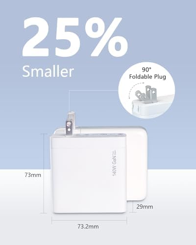 Efficient 140 W USB-C Dual Port Ga N Charger – Compact, Foldable Fast Charging Adapter for Mac Book Pro/Air, i Phone 16/15/14, i Pad Pro/Air, Galaxy, Moto G & More – Premium Performance & Enhanced Compatibility for All Devices