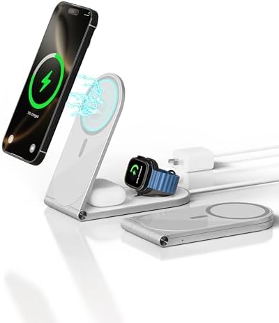 Ultimate 3-in-1 Foldable Wireless Charging Station for i Phone, Air Pods, and i Watch – High-Speed 20 W Travel Charger with Magnetic Stand for Mag Safe Compatibility in Sleek White Finish – Your All-in-One Travel Solution for Effortless Charging on the Go