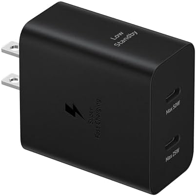SAMSUNG 50 W Dual Port Wall Charger with USB Type-C Cable – Super Fast Charging 2.0 for Galaxy Devices – Energy Efficient Power Adapter with Low Standby Consumption – Sleek Black Design for Ultimate Versatility and Modern Aesthetics
