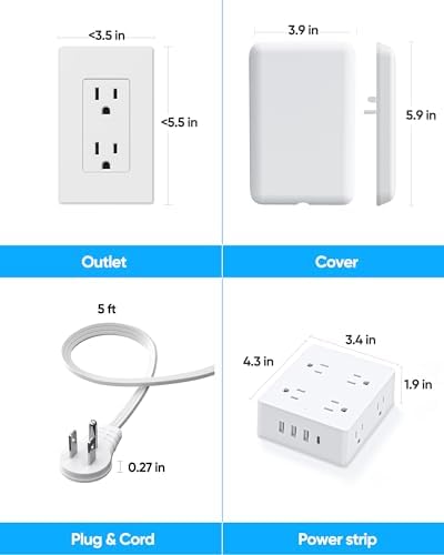 Olcorife Slim Profile Flat Extension Cord Power Strip with 6 Versatile Outlets and 3 Fast-Charging USB Ports, 2000 Joules Surge Protection, 5 FT Space-Saving Cord for Organized Power Solutions in Tight Spaces and Modern Environments
