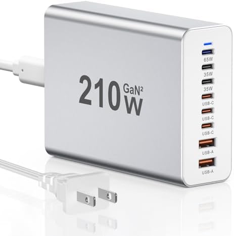 Power Up Your Productivity with the Ultimate 210 W USB-C Fast Charging Hub: Versatile 8-Port Ga N Charging Station with PD 65 W Adapter for Seamless Compatibility Across Mac Book, Dell Laptops, i Phone 16/15, and Galaxy S22/S23 – Your Essential Power Solution for Home and Office Efficiency