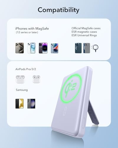 ESR Mag Safe 5,000 m Ah Portable Power Bank with Kickstand – Ultra-Slim 0.6 in Design, 15 W Qi2 Certified Fast Charger for i Phone 16/15/14/13/12 – Includes 20 W USB-C Charging Cable for Effortless Power On-the-Go