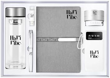 Premium 6-in-1 Gift Set for Professionals: Sleek Glass Water Bottle, Multi-Functional Power Bank with 4 Charging Cables, Elegant Gray Notebook, Wireless Audio Speaker, and 32 GB Flash Drive – Ideal for Teachers and Coworkers – Modern Aesthetic for Enhanced Productivity and Connectivity