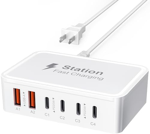 High-Power 100 W USB-C Fast Charging Hub with 6 Ports & 5 ft Cord – Advanced Ga N Technology for Rapid Multi-Device Charging, Compatible with i Phone 16/15/14/13/12 Pro Max, i Pad, Samsung Galaxy, and Google Pixel – Ideal Travel Charger for Efficient Power Management