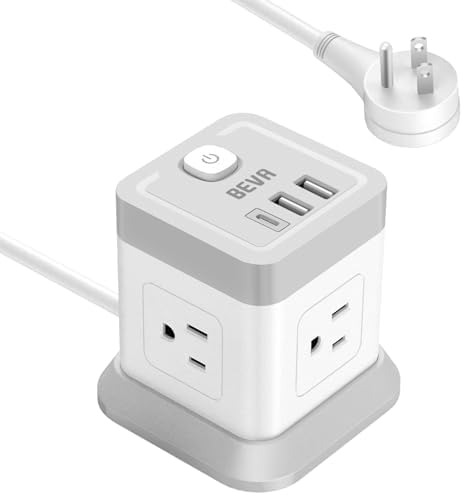 BEVA 10 ft Travel Power Strip with USB – Compact Cube Charging Station Featuring 4 Spacious Outlets and 3 Fast USB Ports for Home, Office, and Dorm Use – Overload Protection for Safe, Efficient Power Management