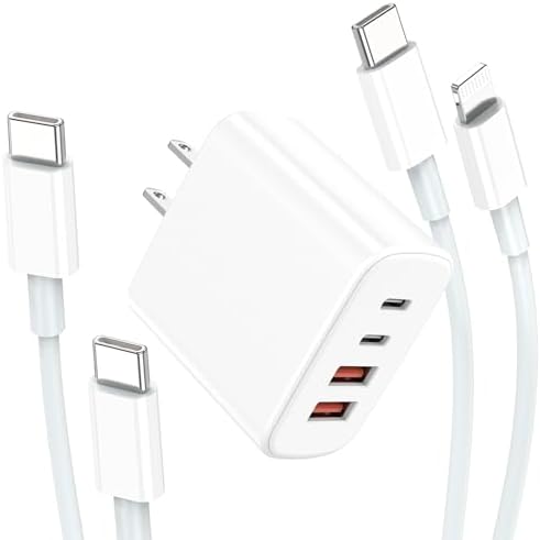 40 W Dual USB-C Fast Charging Block with Type C to C & Lightning Cables – Versatile Power Adapter for i Phone Models 7 to 16 – Compact, Efficient, and Safe Charging Solution for Home and Travel – Enhanced Speed and Compatibility for All USB Devices