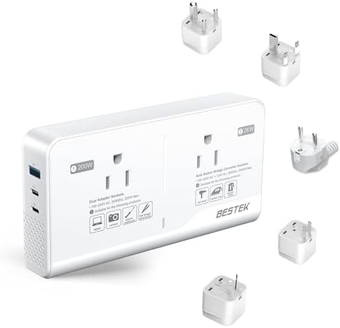 Universal Voltage Converter by BESTEK: 220 V to 110 V Travel Adapter with Dual AC Outlets & 3 USB Ports for Efficient Global Charging – Ideal for Hair Tools, Electronics & International Adventures – Compact, Safe & Versatile Solution for Travelers