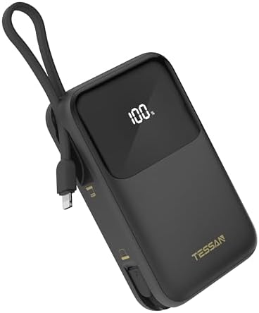 TESSAN 10000 m Ah Fast Charging Portable Power Bank with Built-in USB-C Cable – Compact Battery Pack for i Phone 16/15, Samsung & Tablets – Ultimate Travel Companion with Universal Compatibility & Rapid Recharge Technology
