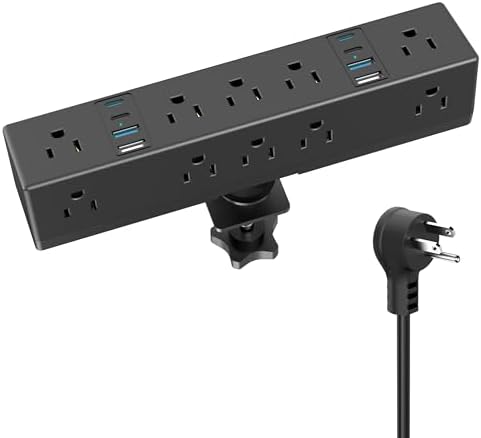 VILONG 40 W Fast Charging Station – Advanced Desk Clamp Power Strip with 8 USB Ports (4 USB-C) and 10 AC Outlets – Perfect for Home & Office Use with 10 Ft Cord – Secure Mount Surge Protector for Clutter-Free Charging Solutions