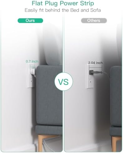 10 FT Flat Plug Power Strip with 6 Outlets and 4 USB Ports – Overload Protection Surge Protector for Home & Office – Versatile Wall Mount Desktop Charging Station for Efficient Power Management and Fast Device Charging