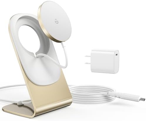 Elevate Your Charging Experience: Premium Magnetic Wireless Charger for i Phone 16/15/14/13/12 with 20 W USB-C Adapter – Fast, Elegant, and Versatile Charging Stand/PAD in Luxurious Gold – Enhanced Compatibility for Pro Max, Plus, Mini Models with 5 ft Cable for Ultimate Flexibility
