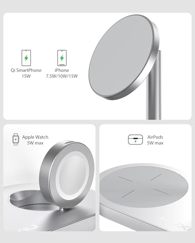 Sleek Aluminum Alloy 3-in-1 Magnetic Wireless Charging Station for Apple Devices – Fast 5 W Charger for i Phone 16/15/14/13/12, Apple Watch 9/8/7/SE & Air Pods – Ideal Travel Accessory for Clutter-Free Charging Solutions