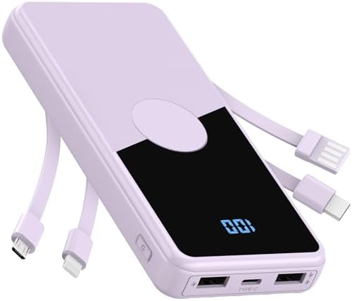 Ultimate Portable Charger with Built-in Cables – 10,000 m Ah High-Speed Power Bank for On-the-Go Charging – 5 Outputs & 3 Inputs – Sleek Purple Travel Battery Pack for i Phone, Samsung, i Pad, Tablets – Enhanced Durability & Convenience
