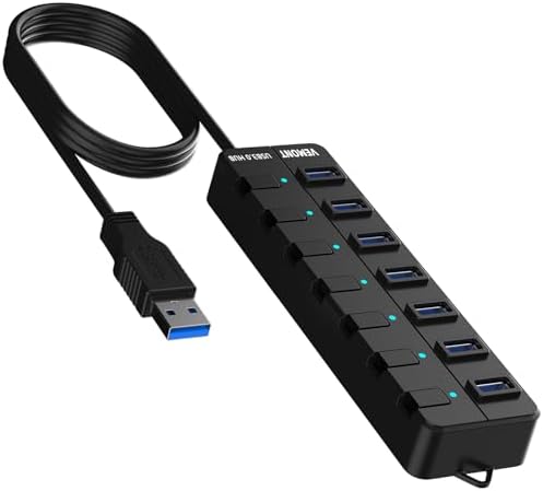 Unlock Ultimate Device Connectivity with VEMONT 7-Port USB 3.0 Hub – Control Each Connection with Individual On/Off Switches and LED Indicators, Enjoy Flexible Setup with 4 ft Cable, Plus Lightning-Fast Data Transfer Speeds of Up to 5 Gbps – The Essential USB Splitter for Modern Laptops and PCs