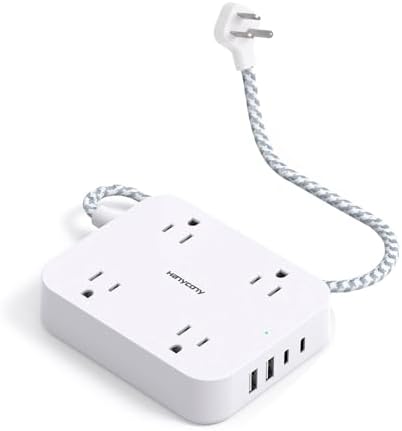 HANYCONY 10 Ft Ultra Thin Flat Extension Cord with 4 AC Outlets & 4 USB Ports (2 USB-C) – Wall-Mountable Power Strip & Desk Charging Station for Seamless Office, Dorm, and Travel Connectivity – Superior Surge Protection & Space-Saving Design