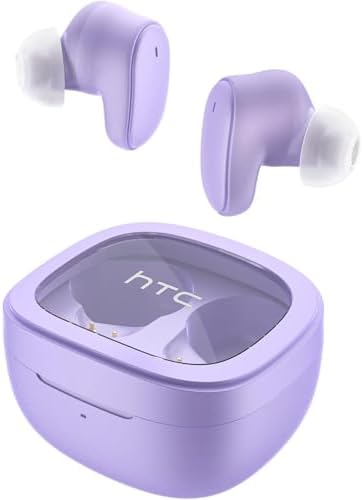 Elevate Your Audio Experience with HTC True Wireless Bluetooth Earbuds – Featuring Cutting-Edge Bluetooth 5.3 for Rapid Connectivity, 24-Hour Playtime, and Low Latency Gaming Mode – Stylish Transparent Charging Case – Perfectly Crafted for Gamers & Music Enthusiasts – Superior Sound Quality, Intuitive Touch Controls & Effortless Wireless Charging for Unmatched Convenience and Durability