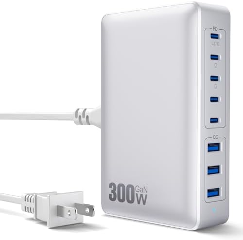 High-Power 300 W USB C Charging Hub – 8-Port Ga N III Fast Charger for Mac Book Pro, Dell, i Phone 16/15/14, Galaxy S23/22 – Ultimate Multi-Device Charging Station for Home and Travel with PD Compatibility