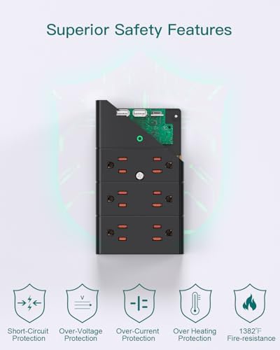 Addtam Surge Protector Power Strip – 12-Outlet Wall Mount Multi Plug Extender with 3 USB Ports (Including USB-C) for Home, Office & Travel – Space-Saving Design with Enhanced Safety Features and Fast Charging Capability