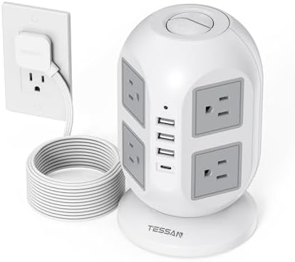 TESSAN Tower Surge Protector Power Strip – 10 ft Flat Extension Cord with 8 AC Outlets & 4 USB Ports (1 USB-C) – Compact Charging Station with Advanced Surge Protection for Home Office & Dorm Use – Optimal Device Safety & Versatile Compatibility