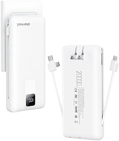 Charmast Ultra-Fast 20000 m Ah Portable Charger with Integrated Cables and Wall Plug – Universal Compatibility for i Phone 16/15/14/13, Samsung, Google, i Pad – Sleek Design, Rapid 20 W USB-C Power Delivery for On-the-Go Charging Solutions