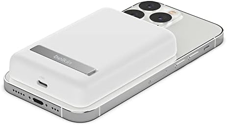 Belkin Wireless Power Bank 5000 m Ah with Mag Safe Compatibility – Portable Charger for i Phone 16 Series, i Phone 15, and Air Pods – 7.5 W Fast Charging with Built-in Kickstand for Hands-Free Use – Lightweight White Design for On-the-Go Charging Solutions