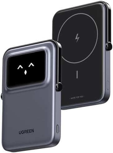 UGREEN Uno Magnetic Power Bank – 5000 m Ah Wireless Charger with 20 W Fast Charging, Foldable Stand & TFT Display for i Phone 16/15/14/13/12 Series – Ultimate On-the-Go Power Solution in Sleek Black Design