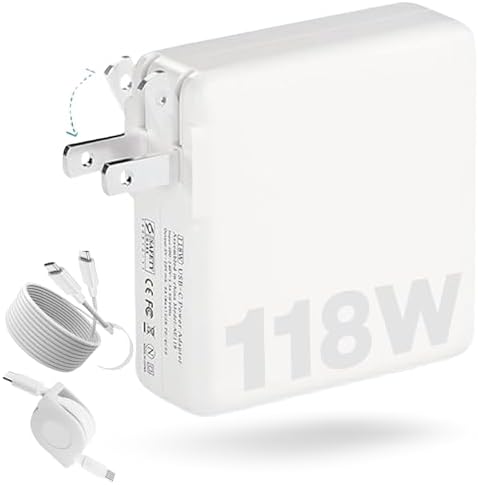 Turbo Charge Your Devices with the 118 W USB-C Power Adapter for Mac Book Pro/Air – 2023/2022 Compatible with Retina M1/M2 and i Pad Pro – Dual High-Power Charging Cables Included – PD 3.0 Technology for Unmatched Speed and Safety – Recharge Mac Book Pro 16” in Just 1 Hour 35 Minutes and 14” to 50% in 30 Minutes – Advanced Overheat and Short Circuit Protection for Worry-Free Use – Ideal for Travel and On-the-Go Charging – CE/FCC/ROHS/UL Certified for Ultimate Reliability – Enjoy a 30-Day Money-Back Guarantee and 12-Month Warranty – Elevate Your Charging Experience Today!