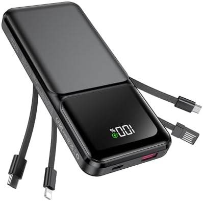 Ultra-Slim 20000 m Ah Portable Power Bank with Integrated Cable – 22.5 W Fast Charging Travel Charger for i Phone, Samsung, Android, and i Pad – 5 Outputs & 3 Inputs with LED Battery Indicator for Ultimate Device Compatibility and Convenience