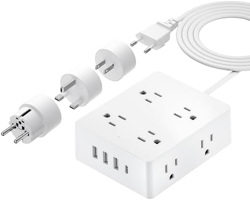 Comprehensive Universal Travel Adapter for Global Journeys – Olcorife 6-Outlet & 3-USB Port Power Solution with 5 ft Extension Cord | EU, UK, US, AUS Compatibility | Enhanced Surge Protection & Multi-Device Charging Convenience