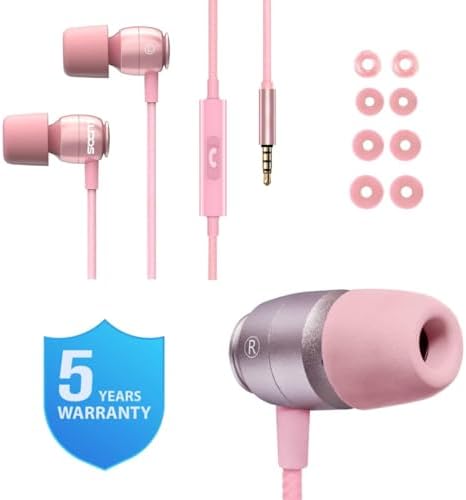 LUDOS Clamor Wired Earbuds – Premium Noise-Isolating In-Ear Headphones with Memory Foam Tips, Built-in Microphone, 5-Year Warranty – Perfect for i Phone and Samsung Users, Ideal for Students and Small Ears in Stylish Pink – Ultimate Sound Quality and Comfort for Everyday Use