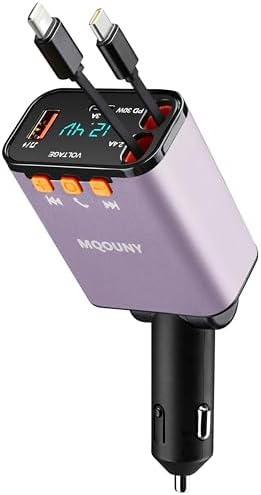 Revamp Your Drive with the 5-in-1 Retractable Car Charger: 60 W Fast Charging, Bluetooth 5.3 FM Transmitter, Hands-Free Calling & Integrated MP3 Player – Dual Retractable Cables & USB Ports for Ultimate Connectivity (Purple) – Elevate Your Mobile Experience on the Go!
