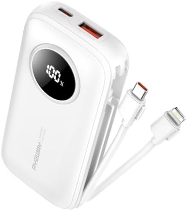 Ayeway Ultra-Compact 10,000 m Ah Portable Power Bank with Integrated Charging Cable – Fast USB C Battery Pack for i Phone, Samsung, and 5 V Heated Vests – Lightweight, Multi-Device Charging Solution for On-the-Go Connectivity