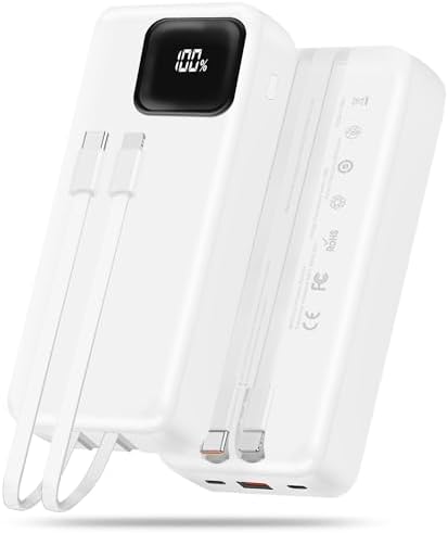 Compact 10,000 m Ah Power Bank with Built-in Cables and 22.5 W Fast Charging – Essential Travel Charger for i Phone, i Pad, Samsung, Google Pixel, LG & More – LED Battery Status Display – Ultimate On-the-Go Charging Solution