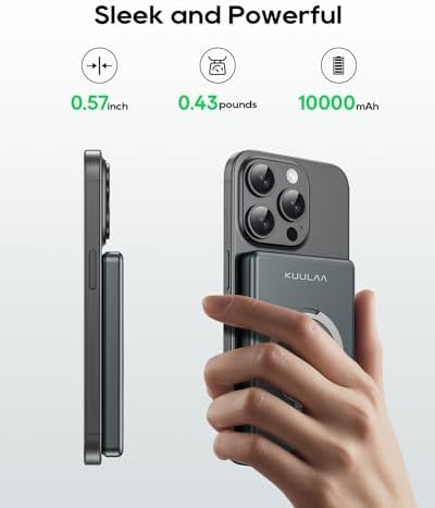 Kuulaa 10000 m Ah Magnetic Power Bank with LED Display – PD 20 W Fast Charging, Ultra-Slim Portable Charger for i Phone 16/15/14/13/12 – Mag Safe Wireless Battery Pack with Built-in Stand for Enhanced Mobility and Convenience