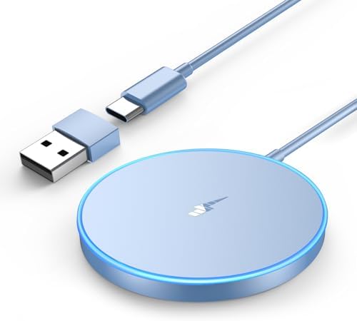 Magnetic Wireless Charger Duo – 15 W Fast Charging Pad with 20 W USB-C Adapter for i Phone 15/14/13/12 Pro/Max/Plus/Mini & Air Pods – Enhanced Mag-Safe Compatibility, 5 ft Charging Cable Included for Ultimate Convenience and Safety