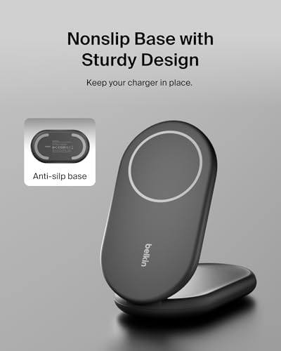 Belkin Foldable Magnetic Wireless Charging Stand – 15 W Fast Charger for i Phone 16 & Galaxy S25 – Qi2-Certified, Portable Design with PSU – Sleek Black Finish for Enhanced Device Compatibility and Effortless Charging Experience
