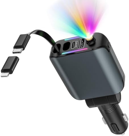 Transform Your Charging Routine with the 4-in-1 Retractable Car Charger Featuring Starlight Glow – 120 W USB-C Fast Charger Compatible with i Phone 16/15/14/13/12/11 and Android Devices, Tangle-Free Design for Effortless Use, Perfect Valentine’s Gift for Him or Her in Sleek Dark Grey