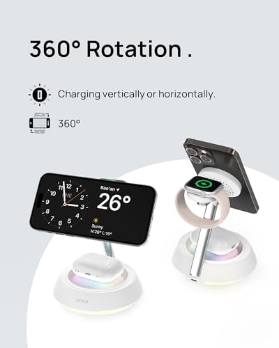 SODI 3-in-1 Magnetic Wireless Charging Station with Ambient Light – 15 W Fast Charger for i Phone 16, 15, 14, 13, 12 Pro/Max, Air Pods & Apple Watch – Sleek Design for Effortless Device Organization and Enhanced Charging Efficiency