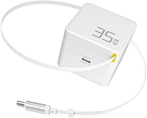 Portable USB C Retractable Charger – 35 W Ga N Fast Charging Adapter with Type C Cable for i Phone 16/15 Pro Max, i Pad, Galaxy, and Pixel – Compact Foldable Wall Charger for Effortless Travel and Enhanced Device Compatibility