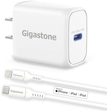 Gigastone 20 W USB-C Fast Charger with MFi Certified 5 FT Lightning Cable – High-Speed PD 3.0 Power Adapter for i Phone 14/13/12/11, i Pad, Air Pods & Apple Pencil – Ultimate Charging Solution for Apple Devices on the Go