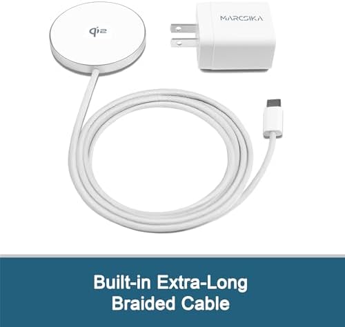 Magnetic Qi2 Certified Wireless Charger with 20 W Wall Adapter – 15 W Fast Charging Solution for i Phone 12-16, Featuring 5 ft Extra-Long Braided USB-C Cable for Enhanced Reliability and Portability