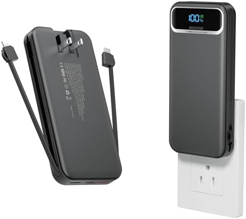 12000 m Ah Ultra-Light Portable Power Bank with Built-In Cables & AC Wall Plug – PD20 W USB-C Fast Charging for i Phone, Samsung & Android – LED Display for Battery Monitoring – Ultimate Travel Companion for Quick Device Recharging