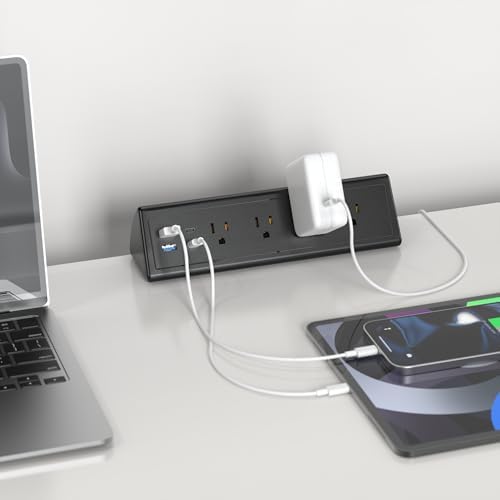 Ultimate Desk Clamp Power Strip with USB C – 4 AC Outlets & 4 Fast Charging USB Ports – 14 AWG Cord for Optimal Power – Secure Edge Mount Design Fits 1.96″ Tablets – Sleek Black Finish – Ideal Office & Nightstand Solution for Enhanced Productivity