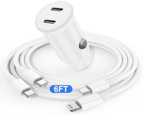 40 W Dual USB C Car Charger for i Phone 16 & 15 – Apple MFi Certified Fast Charging Adapter with 6 FT USB C to USB C Cable for i Pad Pro & Galaxy S24/S23 – Sleek Black & White Design for Enhanced Compatibility and Speed on the Go
