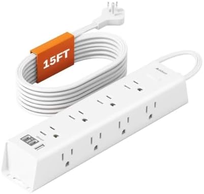 15 Ft Extension Cord with Power Strip Surge Protector – 12 AC Outlets & 3 USB Ports (Including 2 USB-C) for Fast Charging | Flat Plug Design for Space-Saving Wall Mounting | Essential Power Solution for Home, Office, and Dorm Room Use