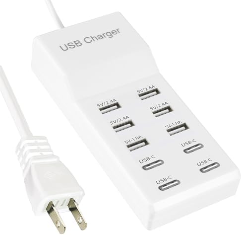 10-Port USB Charging Station – Fast Charging Dock with 6 USB-A & 4 USB-C Ports for Phones, Tablets, and Smartwatches – Sleek White Multi-Device Charger for Home and Office Efficiency