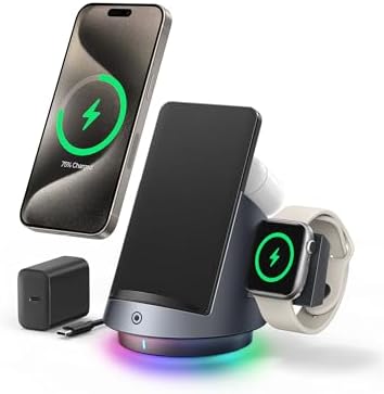 Revolutionary 3-in-1 Wireless Charging Station for Apple Devices – Fast Charging Hub for i Phone 15, 14, 13, 12, 11 Pro Max Plus, Apple Watch Series 1-9/Ultra, and Air Pods with Adjustable RGB Lighting and Rotating Design for Optimal Convenience and Enhanced Compatibility Revolutionary 3-in-1 Wireless Charging Station for Apple Devices – Fast Charging Hub for i Phone 15, 14, 13, 12, 11 Pro Max Plus, Apple Watch Series 1-9/Ultra, and Air Pods with Adjustable RGB Lighting and Rotating Design for Optimal Convenience and Enhanced Compatibility